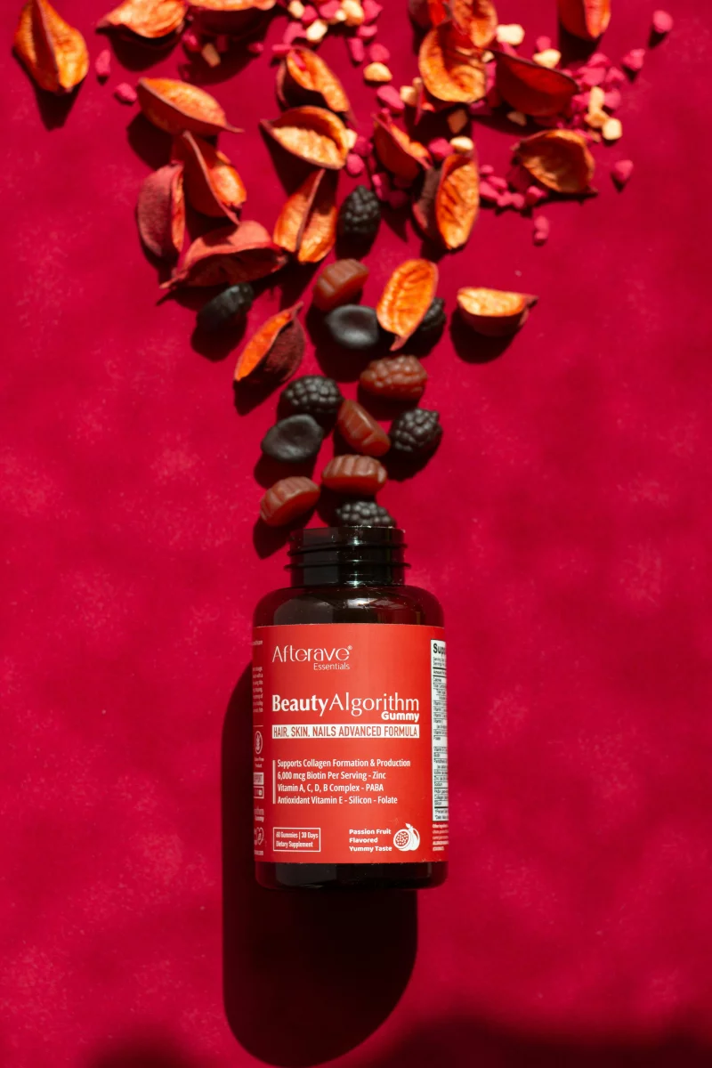 Colorful display of BeautyAlgorithm gummy supplements for hair, skin, and nails