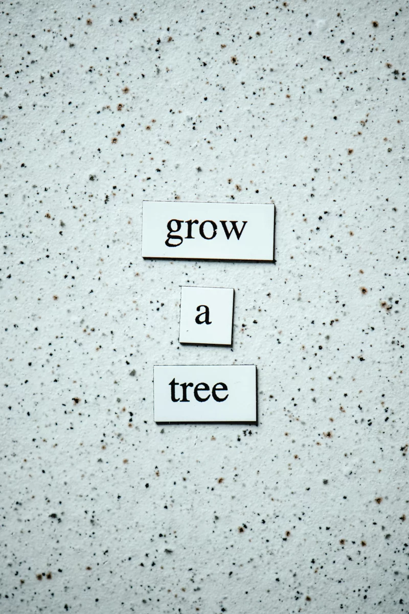 Creative text arrangement advocating tree growth on a speckled surface, ideal for environmental themes.
