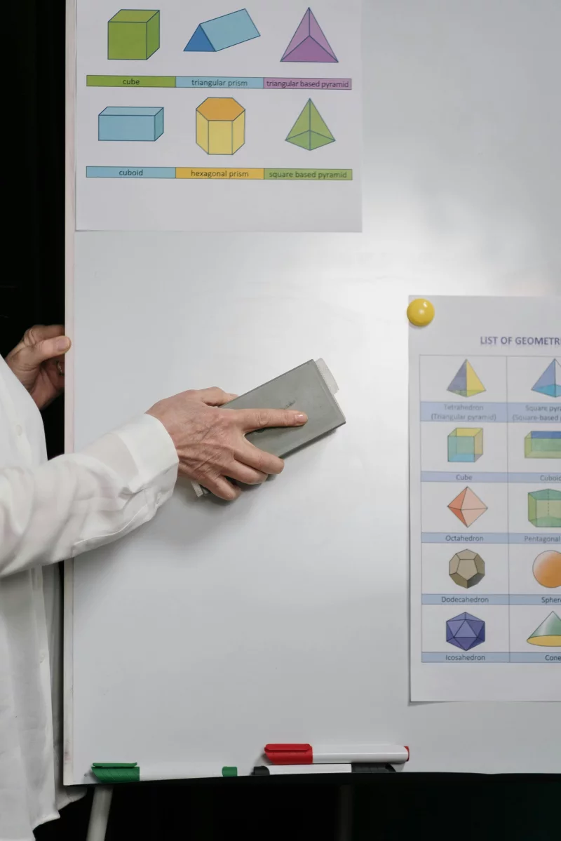 A person erases a whiteboard displaying colorful geometric diagrams, focusing on shapes and learning.