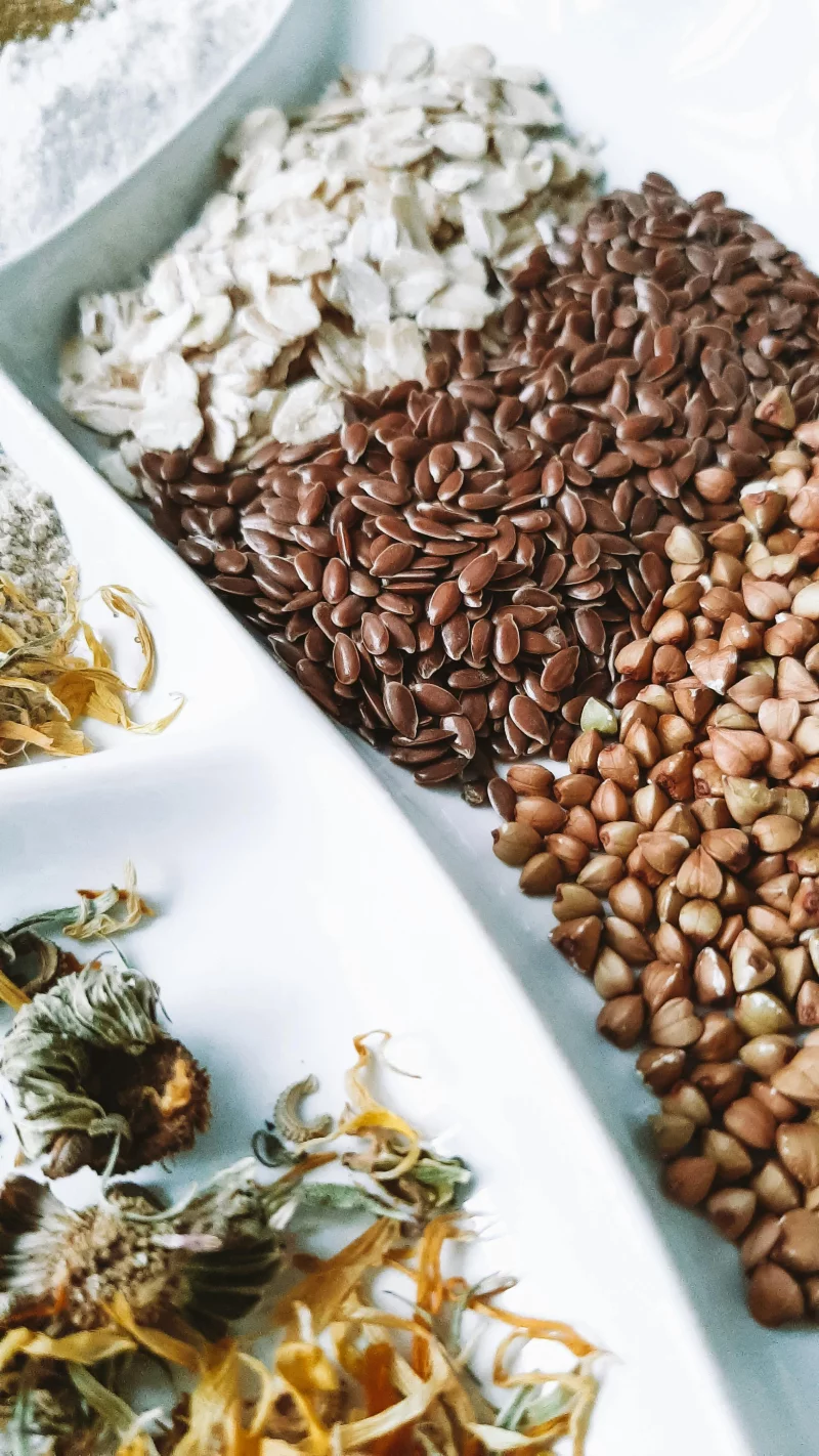 Diverse selection of seeds and grains arranged on a tray, perfect for healthy eating themes.