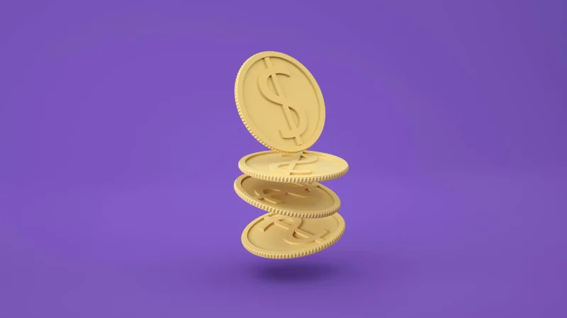 A 3D rendering of golden coins stacked with a purple background, representing finance and wealth.