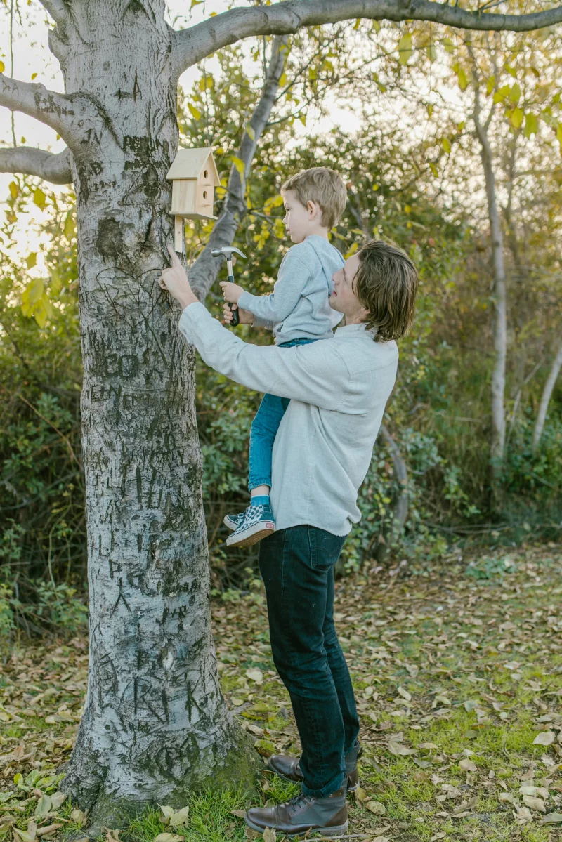 Father and son bonding while installing a birdhouse on a tree outdoors.
