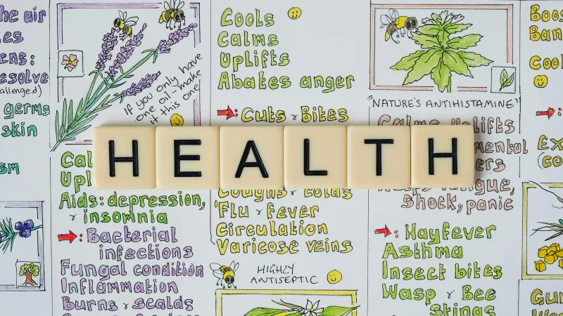 Creative representation of herbal health benefits using illustrated letter tiles spelling 'health'.