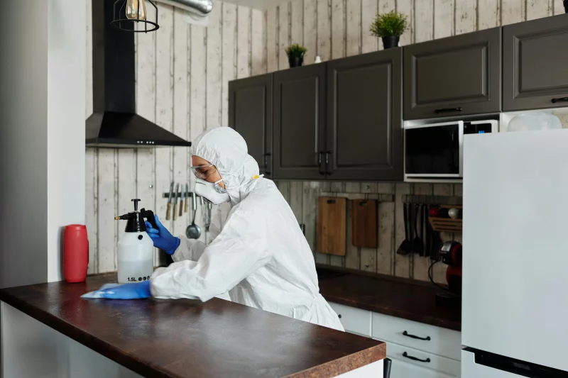 A worker in protective gear disinfects a kitchen, ensuring a clean and safe environment.