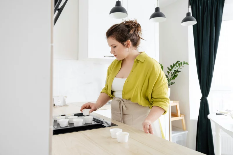 Young woman arranging cups on a kitchen counter, focused on a culinary task.