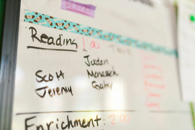 Close-up of a classroom whiteboard with names and reading schedule, ideal for education themes.