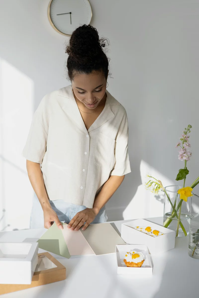 A young woman packages cupcakes in a sunlit modern kitchen with flowers nearby.