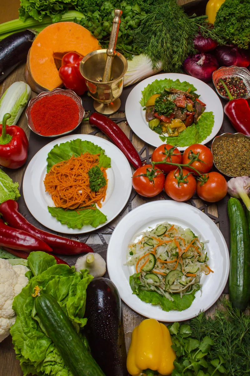 Vibrant display of organic vegetables and salads highlighting fresh, healthy ingredients.