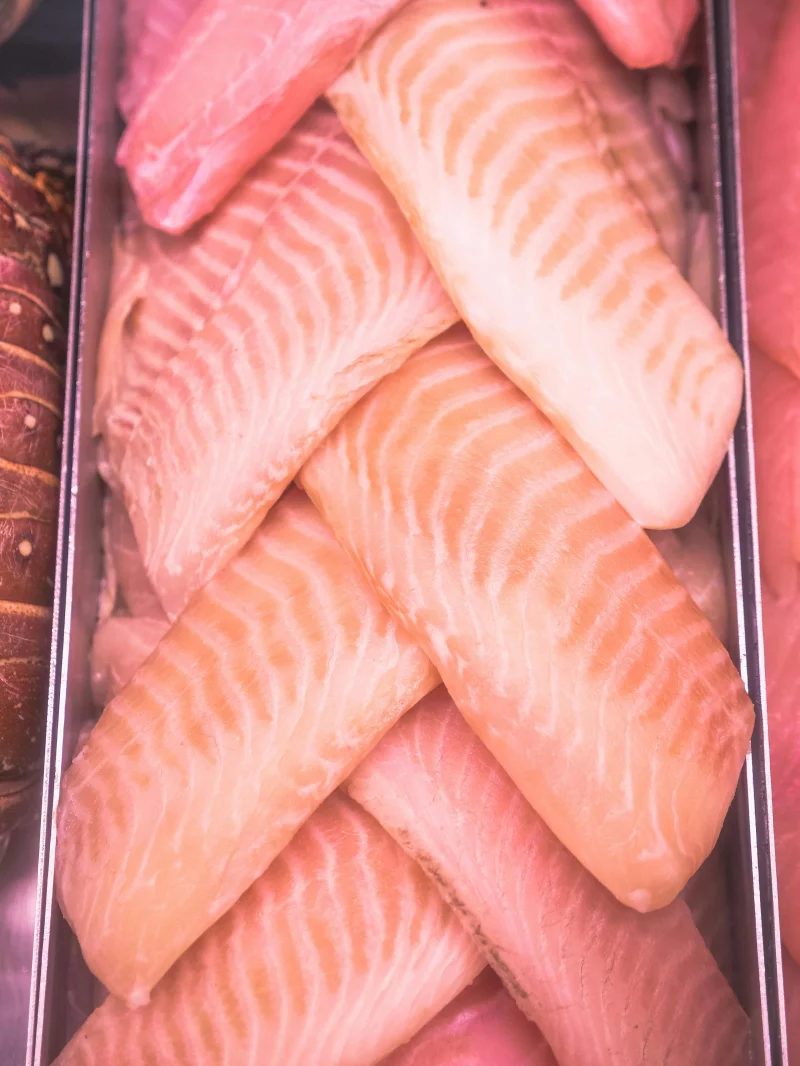 Vertical shot of fresh, uncooked salmon fillets arranged neatly in a tray for display.