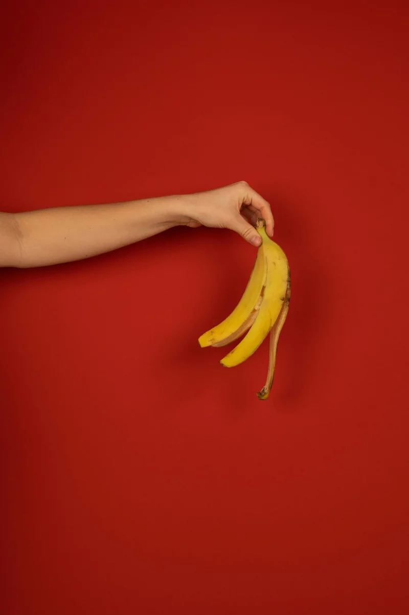 Crop unrecognizable person with outstretched arm demonstrating yellow peel of fresh banana on red background