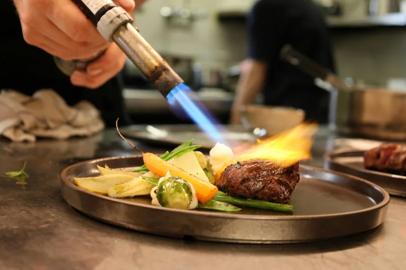 Searing gourmet dish with fresh vegetables using a culinary torch in a professional kitchen.
