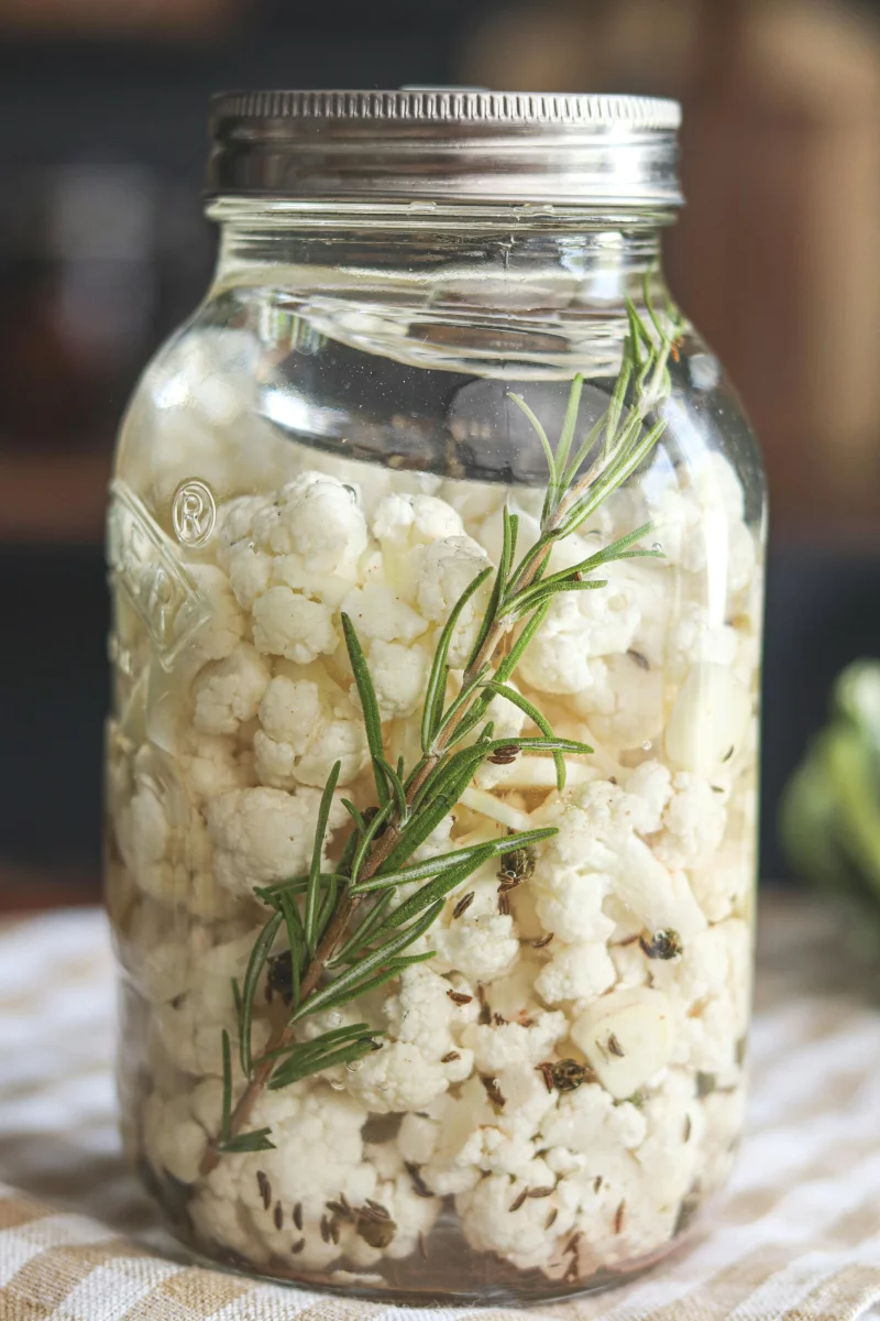A jar of homemade pickled cauliflower with rosemary on a wooden table.