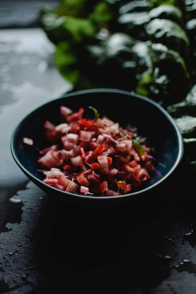 Close-up of vibrant chopped vegetables in a dark bowl on a wet surface.