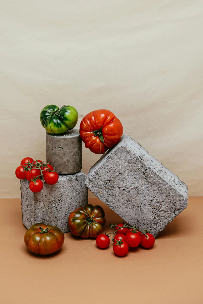 A creative arrangement of ripe and fresh tomatoes on geometric concrete blocks.