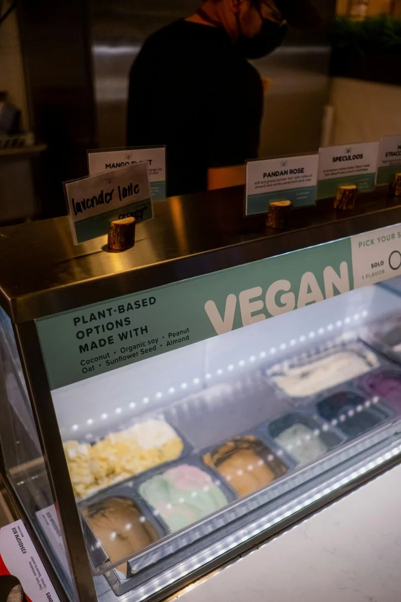 A variety of vegan ice creams on display in a cafe, showcasing plant-based dessert options.
