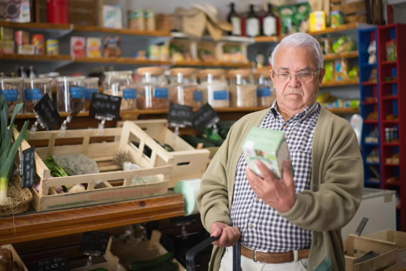 Senior man inspecting a product in a traditional Portuguese market.