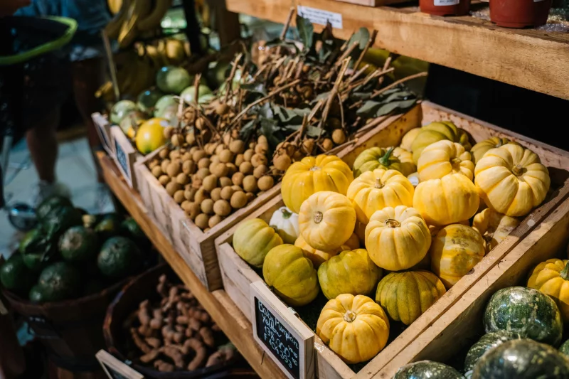 Fresh pumpkins and other vegetables beautifully displayed at a local market stall, ideal for fall gatherings.