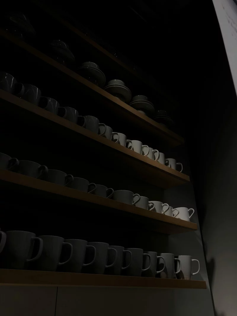 Dark interior showcasing neatly arranged ceramic mugs on wooden shelves in low light.