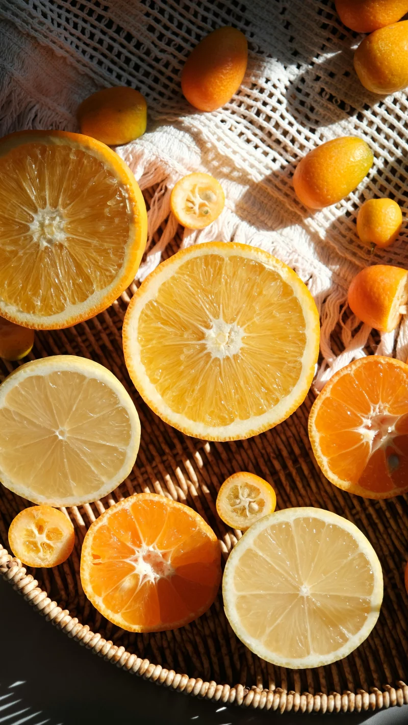Slices of lemons and oranges beautifully arranged with kumquats in sunlight.