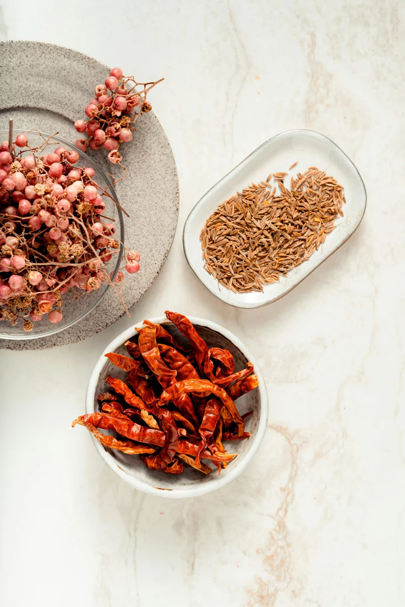 Flat lay of dried chilies, cumin, and pink peppercorns on ceramic plates.