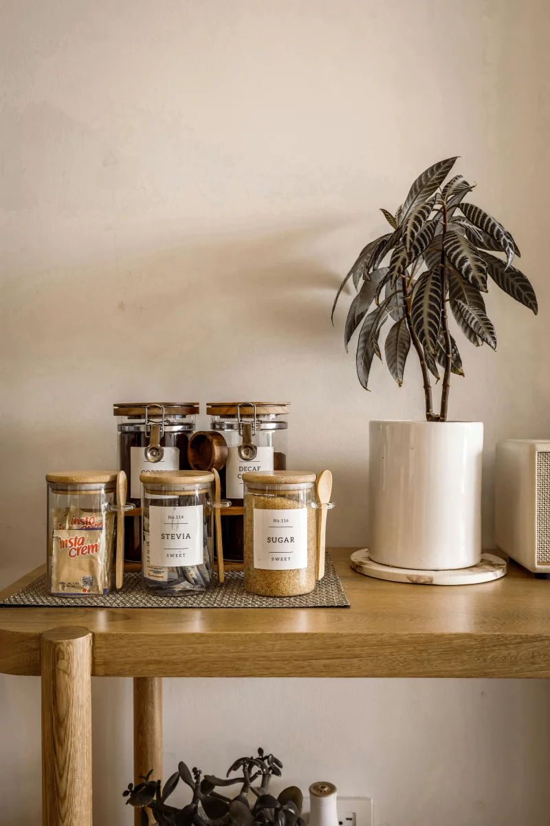 Inviting kitchen shelf display with labeled jars and decorative plant.