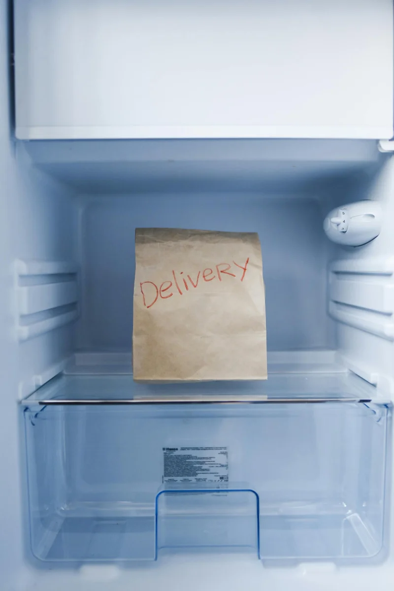 Brown paper bag labeled 'Delivery' inside an empty refrigerator.