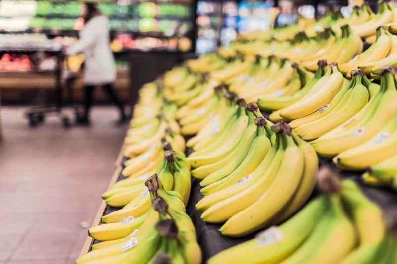 Rows of ripe bananas displayed attractively in a supermarket aisle.