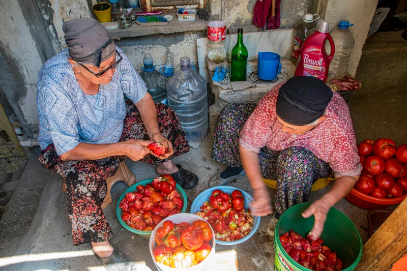 Two women preparing fresh tomatoes indoors, showcasing traditional food processing.