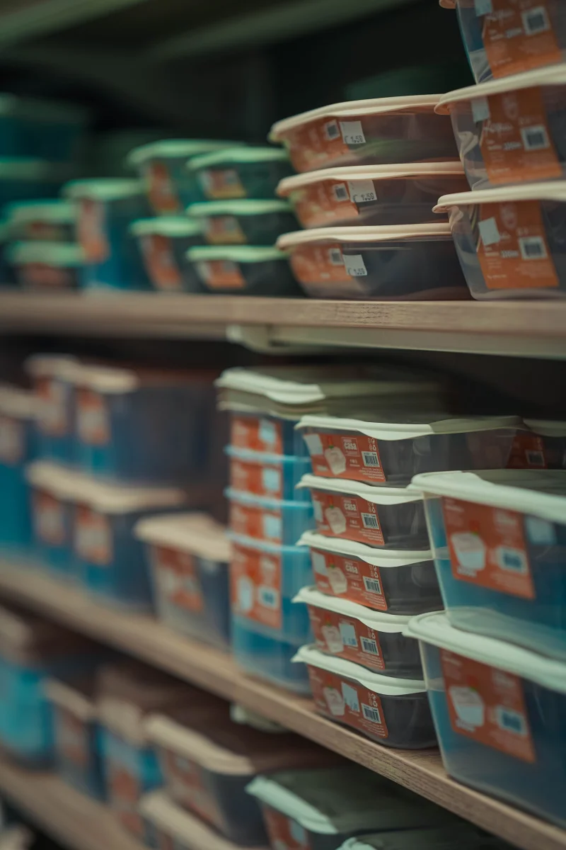 Rows of neatly stacked food containers in various colors on store shelves.