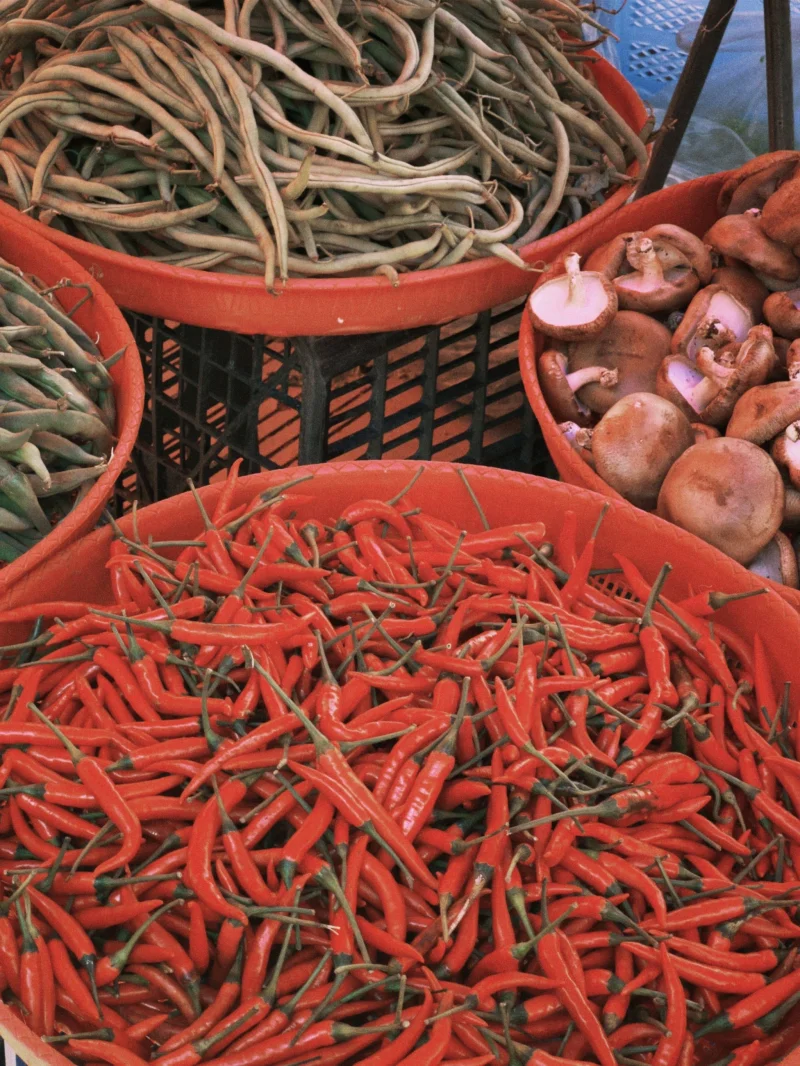 Baskets of fresh vegetables including peppers, beans, and mushrooms at a local market stall.