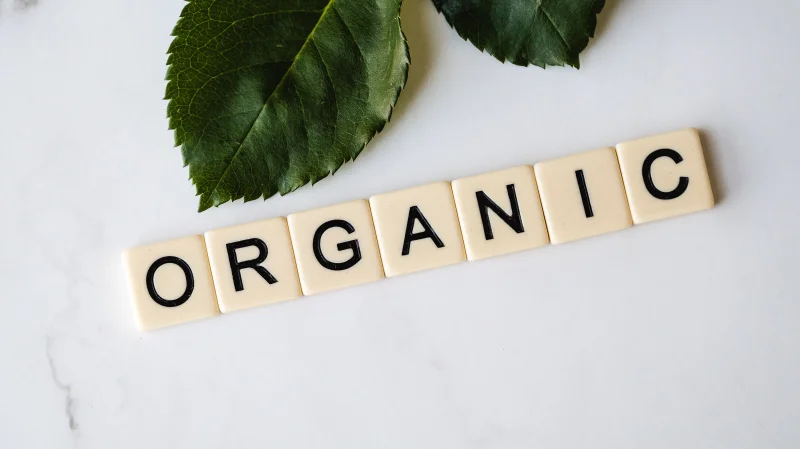 Close-up of 'ORGANIC' spelled with tiles next to a leaf on a marble surface.