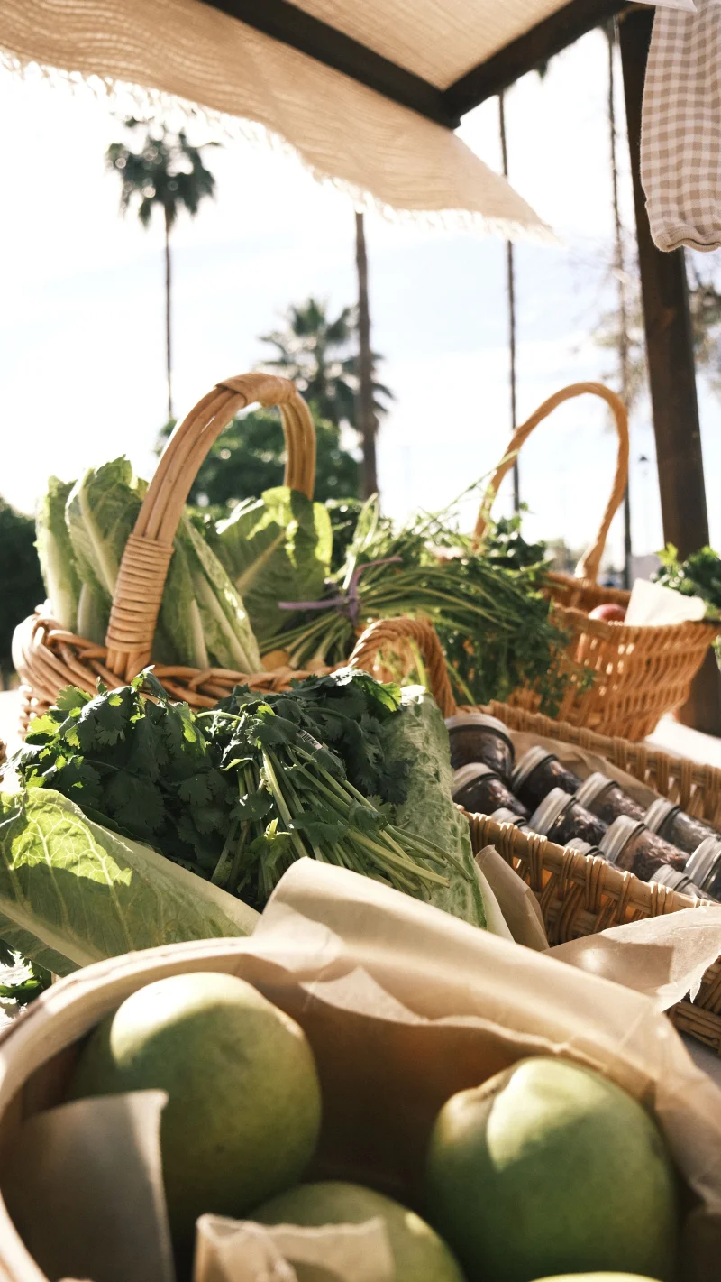Organic vegetables and fruits in baskets at a sunny outdoor market stall.