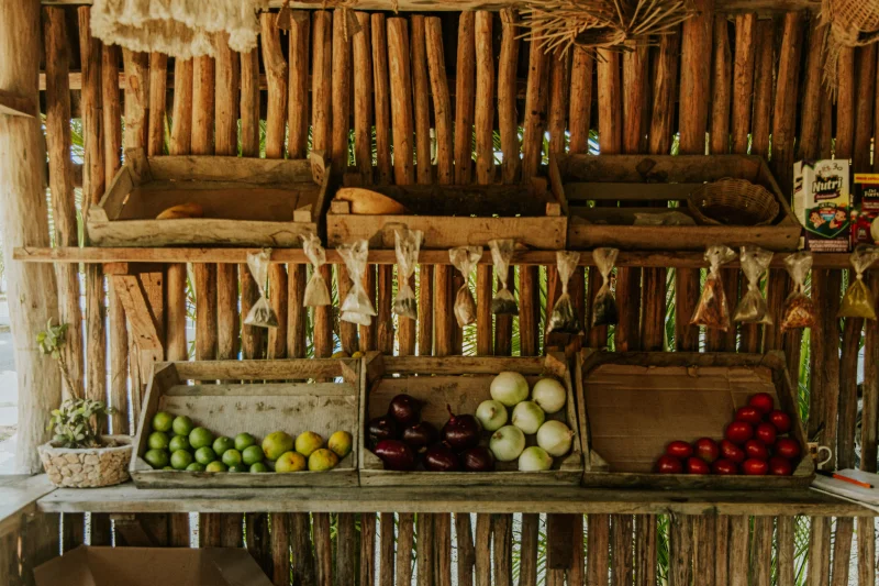 Colorful market stand showcasing local fruits and vegetables in wooden crates.
