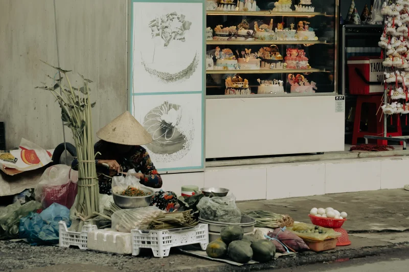 A traditional street vendor in Tien Giang, Vietnam, displaying produce and goods.