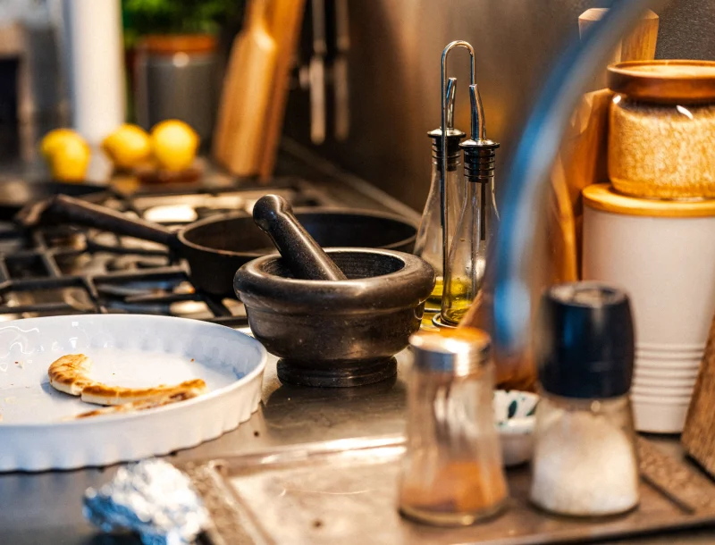 Close-up of a kitchen counter with cooking utensils and ingredients, offering a warm home ambiance.