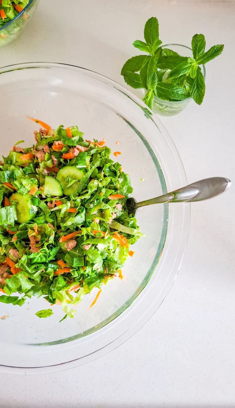 A vibrant and healthy vegetable salad in a glass bowl, garnished with fresh mint leaves.
