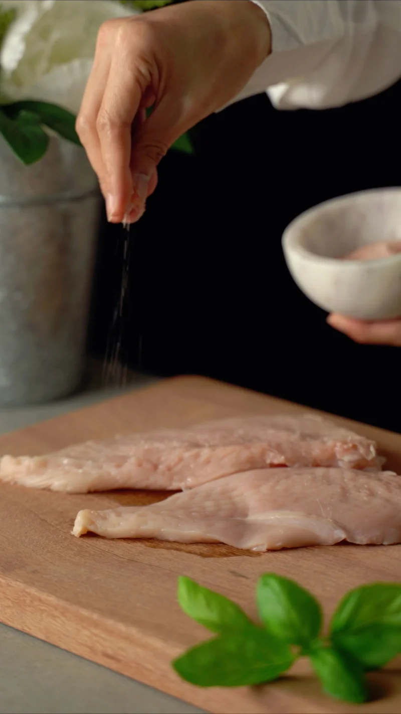 Hand seasoning raw chicken fillets on wooden cutting board with fresh basil. Culinary preparation image.