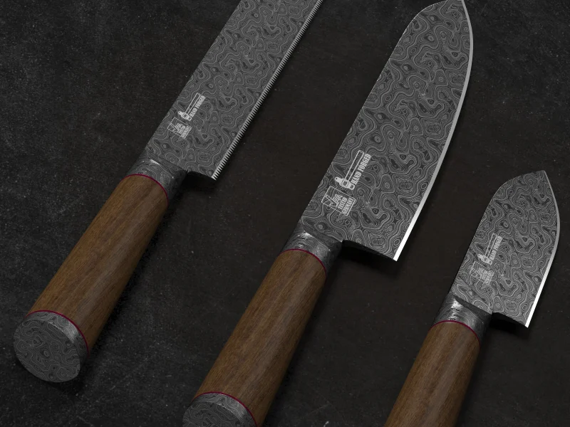 Set of beautifully crafted Damascus steel knives with wooden handles, perfect for professional chefs.